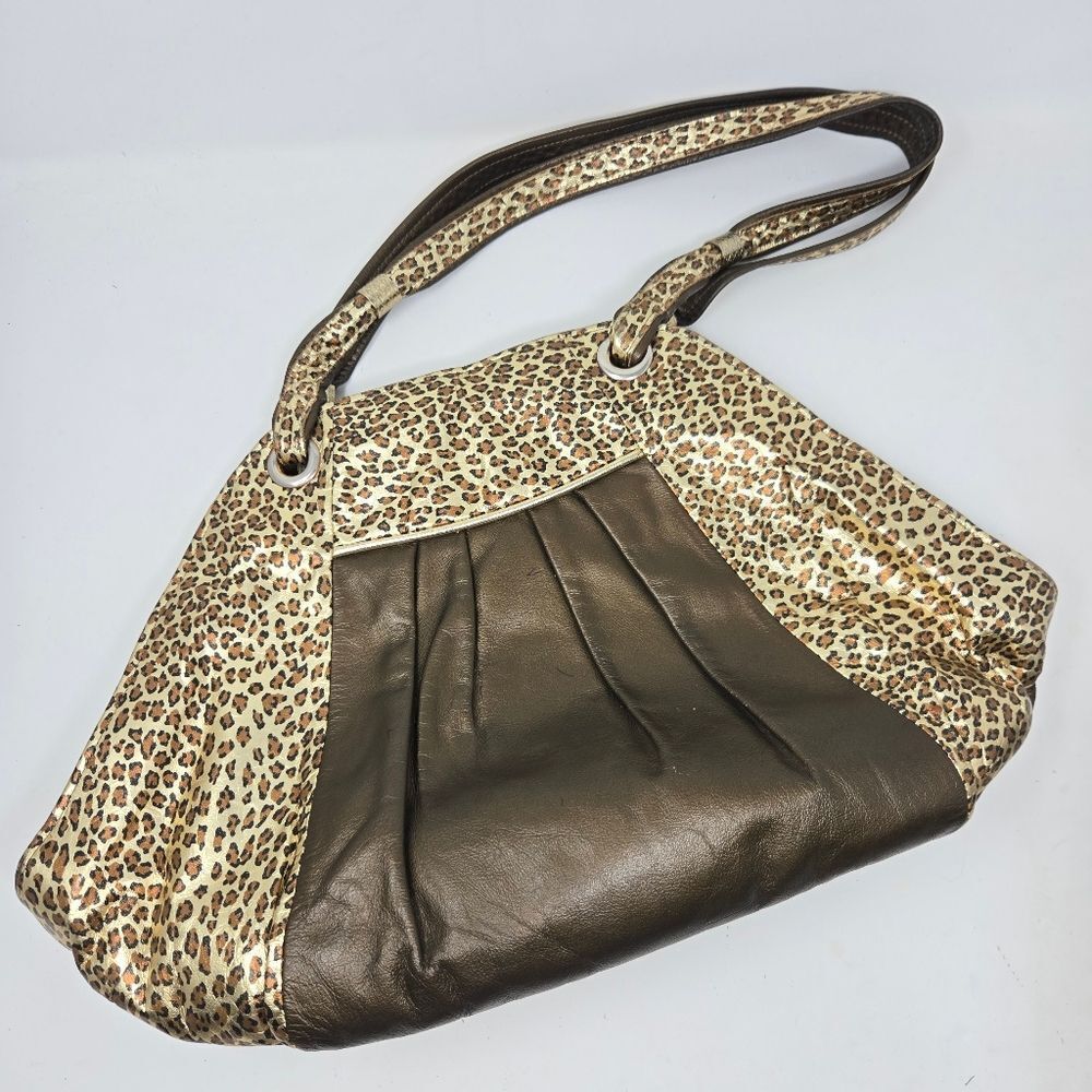 SAEREUM New York Metallic Bronze Gold Cheetah Leather Shoulder Bag Purse Vintage